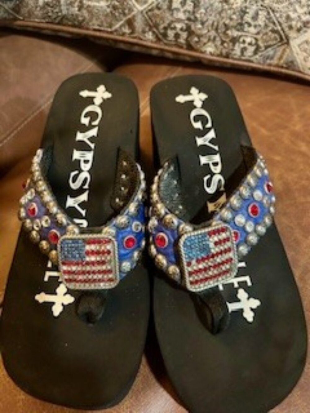 Gypsy Soule Rhinestone American Flag Flip Flops Handmade Sandals Size 8